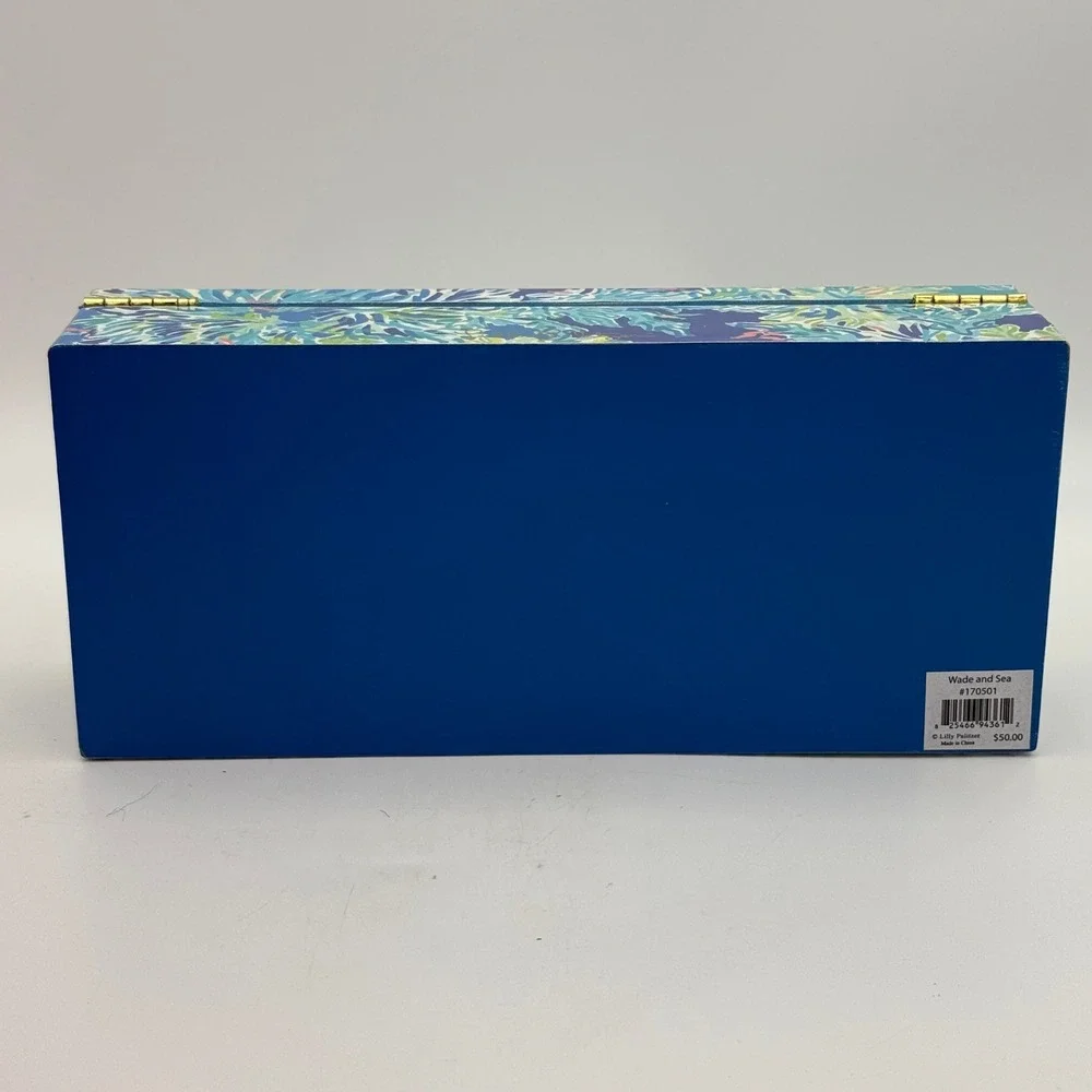 Lilly Pulitzer Lacquer Box Blue Green Floral Keepsake Jewelry Storage Gold Trim